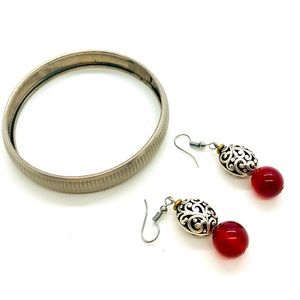 Vintage Ornate Amber Glass Earrings & Antique Bracelet